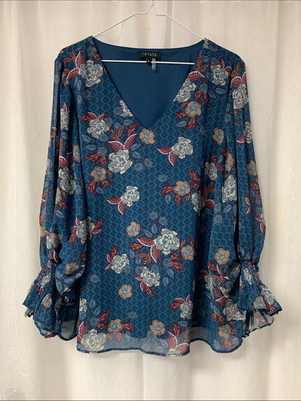 Teal Floral V-Neck Ruffle-Sleeve Blouse